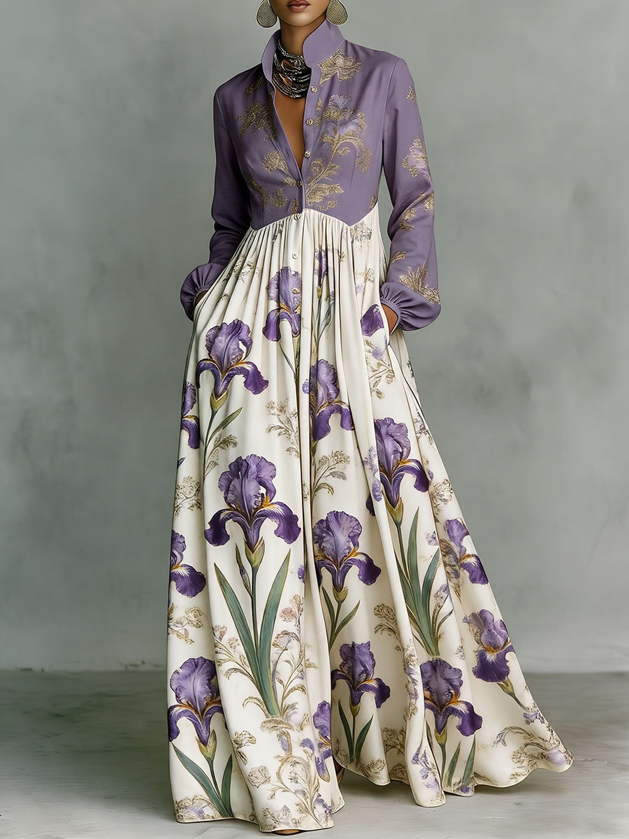 A-Line High Waisted Buttoned Contrast Color Flower Print Pockets Ruched Split-Joint Stand Collar Maxi Dresses