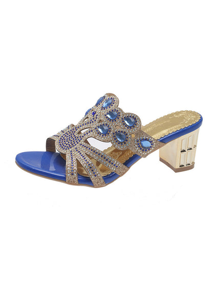 Square Heel Open Toe Rhinestone Pumps