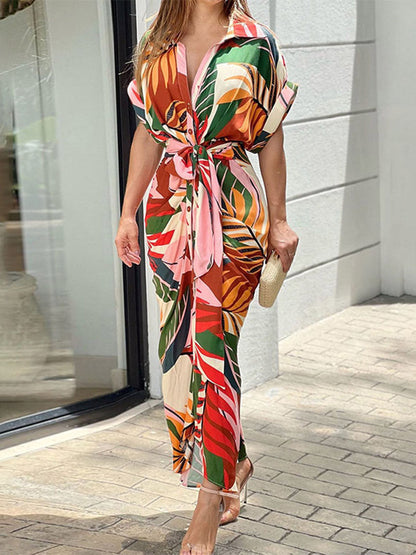Elasticated Waist High Waisted Buttoned Pleated Solid Color Split-Joint Tied Waist Lapel Maxi Dresses Shirt Dress