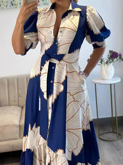 A-Line High Waisted Buttoned Contrast Color Pleated Pockets Split-Joint Lapel Maxi Dresses