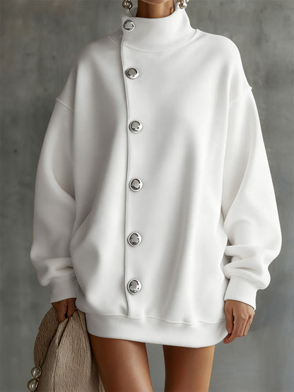 Long Sleeves Loose Buttoned Solid Color Split-Joint High Neck Mini Dresses Sweatershirt