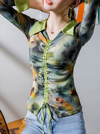Flared Sleeves Long Sleeves Drawstring Flower Print Pleated Lapel Blouses&Shirts Tops