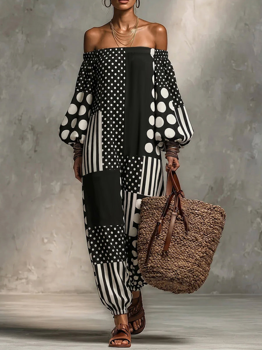 Long Sleeves Puff Sleeves Contrast Color Elasticity Polka Dot Split-Joint Striped Off-The-Shoulder Jumpsuits