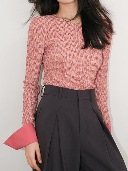 Long Sleeves Skinny Buttoned Round-Neck T-Shirts Tops