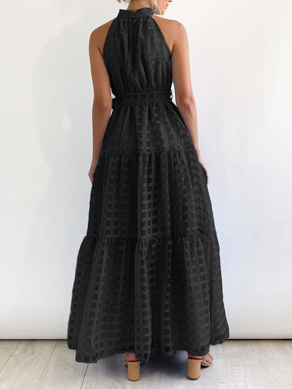 Loose Sleeveless Plaid Ribbed Stand Collar Maxi Dresses