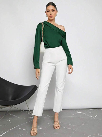 Long Sleeves Skinny Pleated Solid Color Split-Joint One-Shoulder Blouses&Shirts Tops