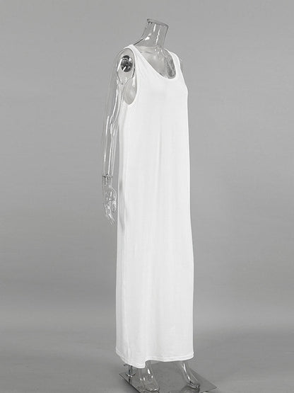Loose Sleeveless See-Through Solid Color Split-Joint U-Neck Maxi Dresses