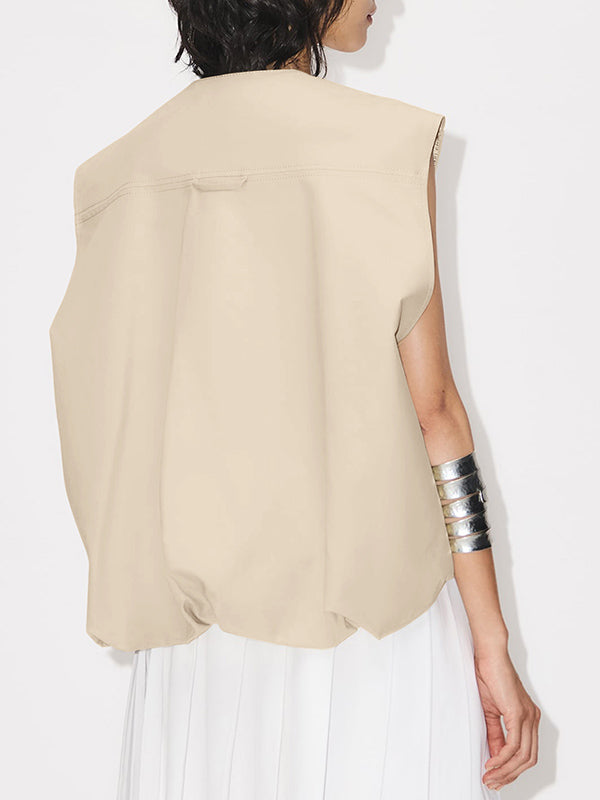 Loose Sleeveless Pockets Split-Joint Zipper Round-Neck Vest Outerwear