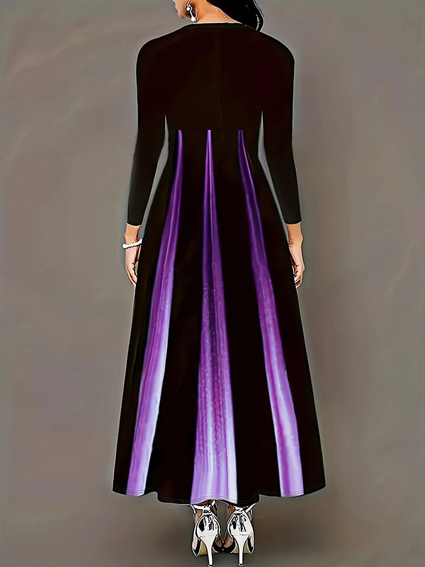 A-Line High Waisted Gradient Pockets Printed Split-Joint Round-Neck Maxi Dresses