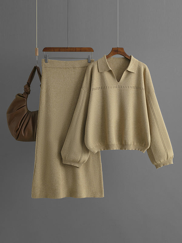 Loose Puff Sleeves Hollow Solid Color Sweater + Elasticity Skirt Two Pieces Set