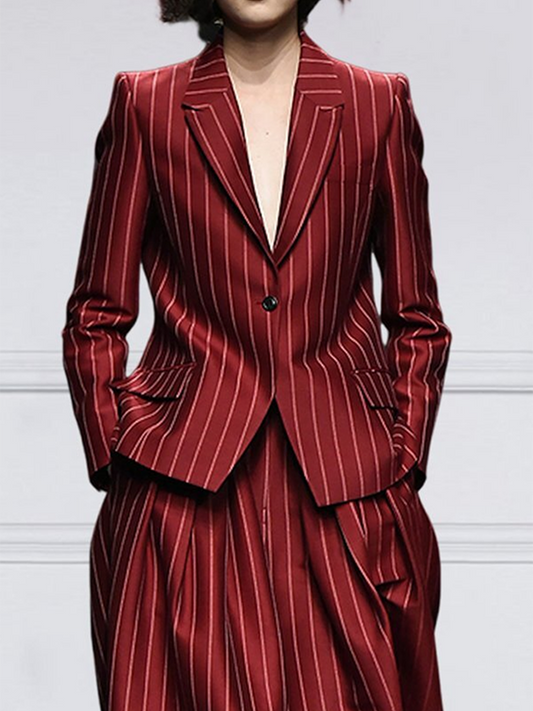 Long Sleeves Loose Striped Notched Collar Blazer Outerwear