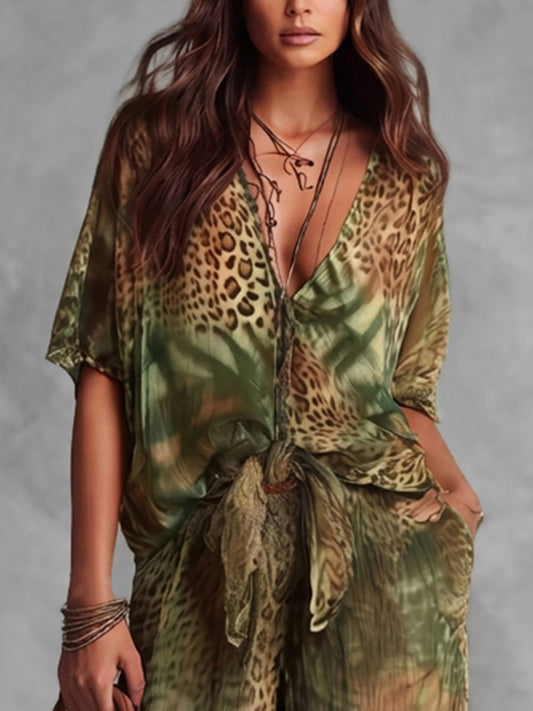 Half Sleeves Loose Contrast Color Knot Leopard Printed See-Through Deep V-Neck Blouses&Shirts Tops