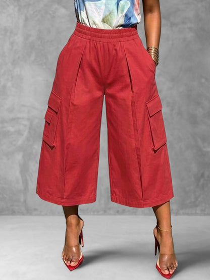 High Waisted Loose Elasticity Pockets Solid Color Pants Trousers