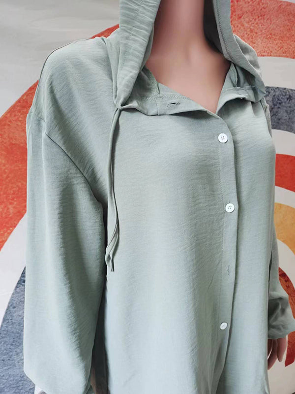 Solid Color Long Sleeves Hooded Split-Side Collarless Shirts Top   High Waisted Pants Bottom Two Pieces Set