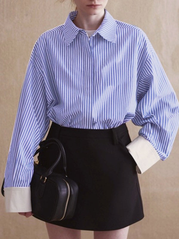 Long Sleeves Loose Buttoned Split-Joint Striped Lapel Blouses&Shirts Tops