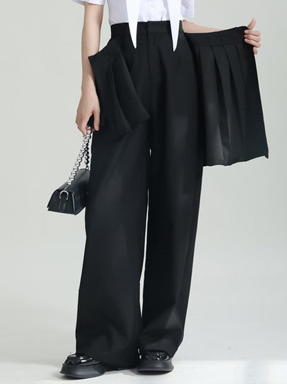 False Two High Waisted Asymmetric Pleated Solid Color Suit Pants