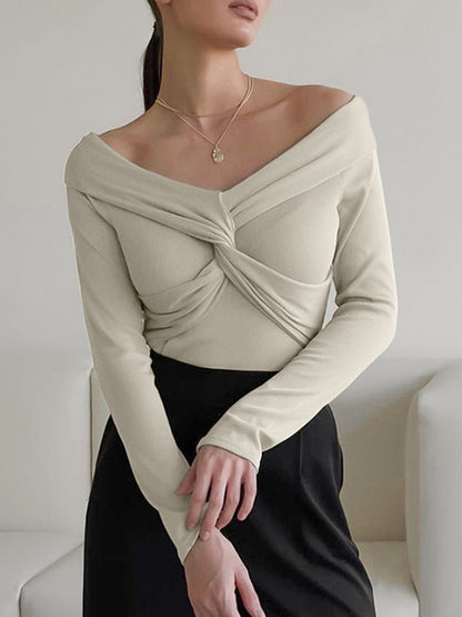 Long Sleeves Skinny Keep Warm Knot Solid Color V-Neck T-Shirts Tops