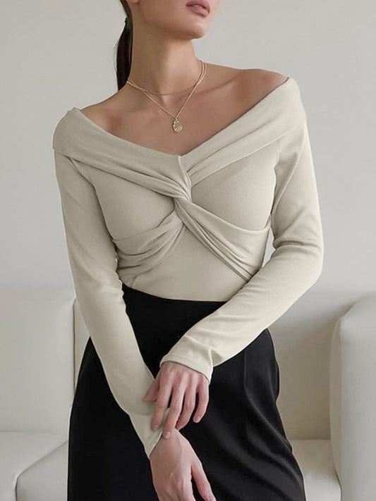 Long Sleeves Skinny Keep Warm Knot Solid Color V-Neck T-Shirts Tops