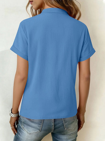 Loose Short Sleeves Buttoned Knot Ruffle Trim Solid Color V-Neck Blouses&Shirts Tops
