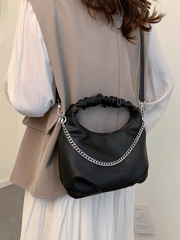 Chains Pleated Solid Color Zipper Crossbody Bags Handbags