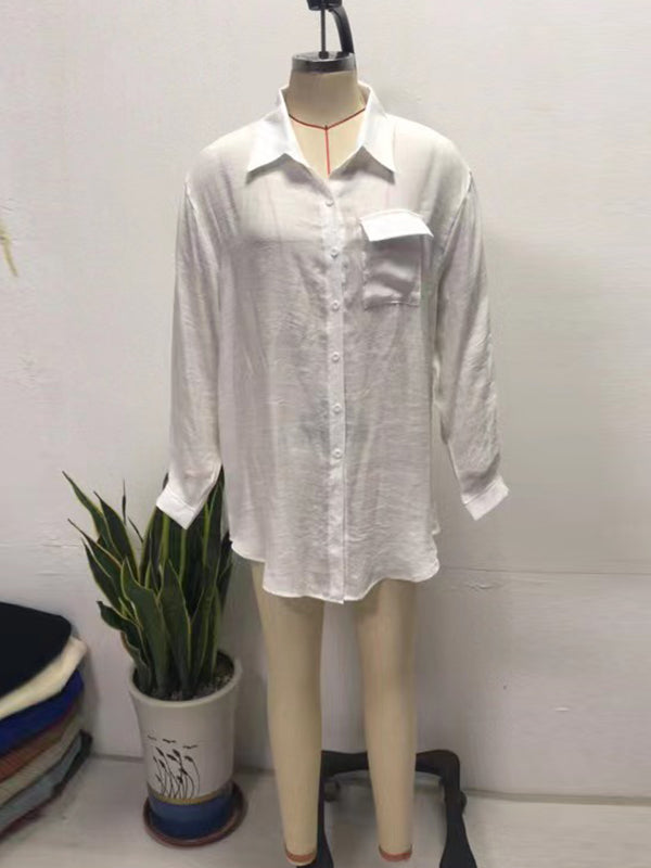 Long Sleeves Loose See-Through Solid Color Split-Joint Lapel Blouses&Shirts Tops