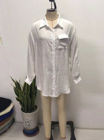Long Sleeves Loose See-Through Solid Color Split-Joint Lapel Blouses&Shirts Tops