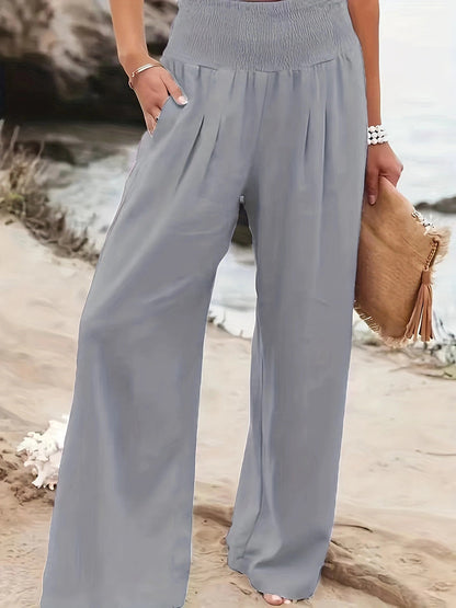 Elasticated Waist High Waisted Pleated Pockets Solid Color Split-Joint Pants
