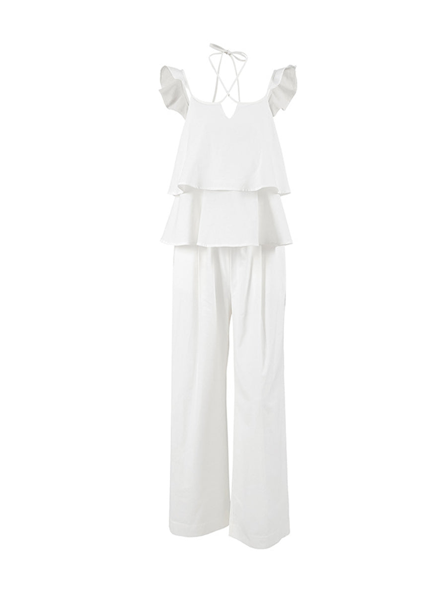 High Waisted Loose Backless Hollow Pockets Solid Color Split-Joint Halter-Neck Blouses&Shirts Tops Pants Trousers Two Pieces Set