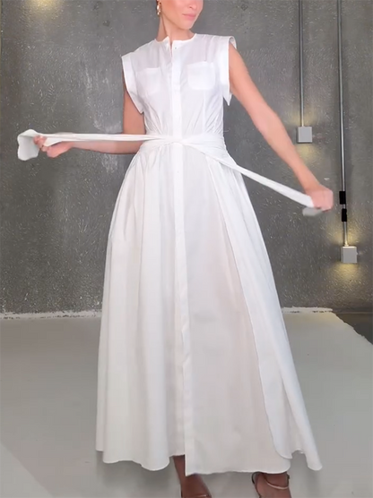 Cap Sleeve Loose Buttoned Solid Color Split-Side Tied Waist Maxi Dresses Shirt Dress