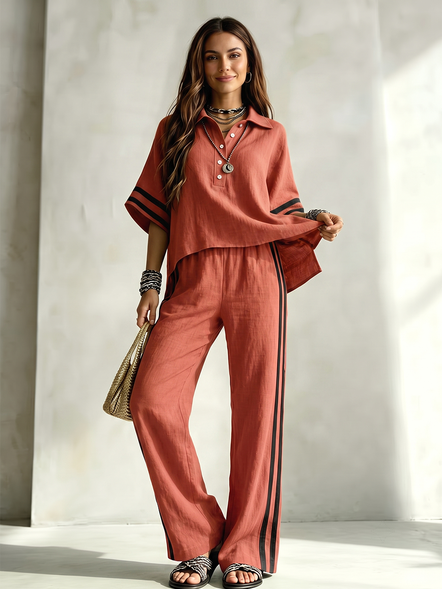 Striped Pockets Elasticity Contrast Color Wide Leg High Waisted Trousers Pants