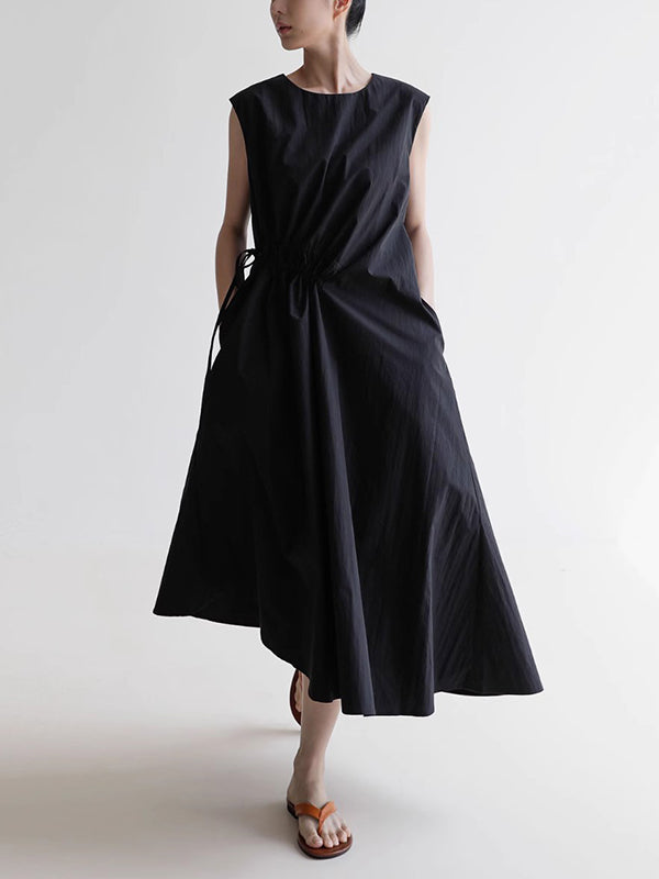 Loose Sleeveless Asymmetric Drawstring Pleated Solid Color Tied Round-Neck Midi Dresses