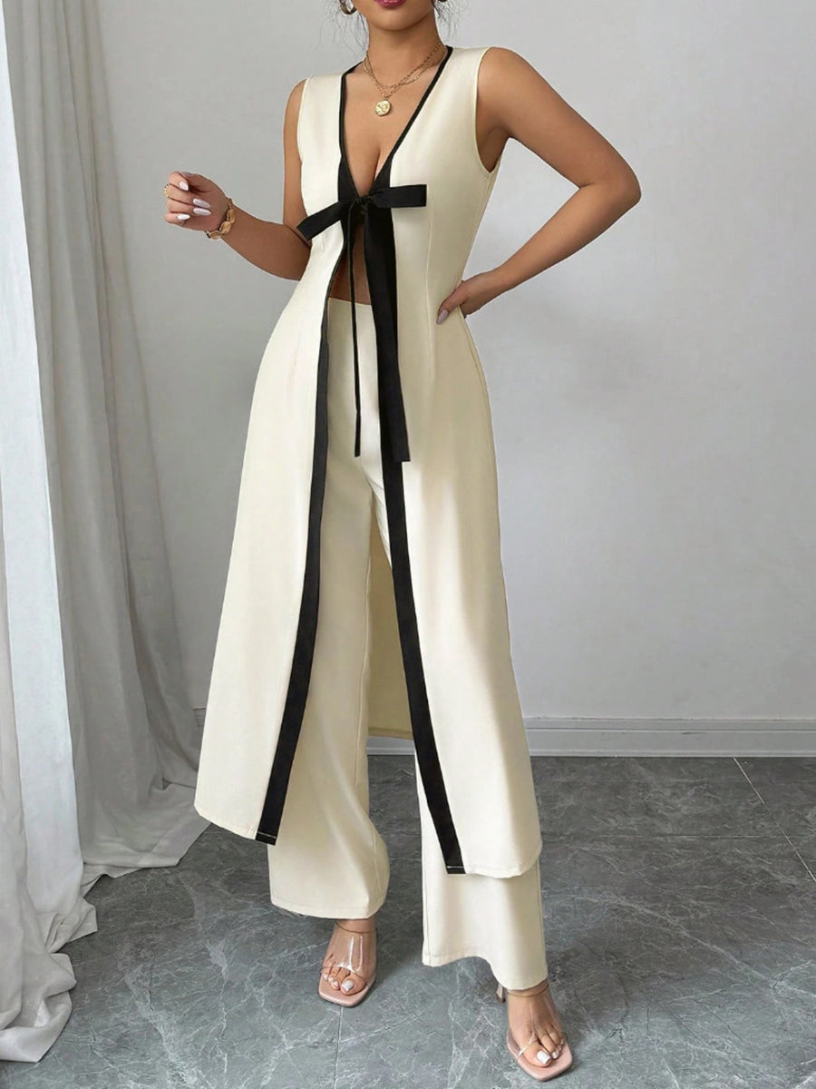 Sleeveless Deep V-Neck Tied Contrast Color Blouses&shirts Tops + Wide Leg Trousers Pants Two Pieces Set
