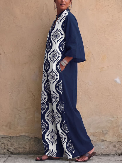 Printed Pockets Contrast Color Wide Leg Three-quarter Sleeves V-neck Jumpsuits