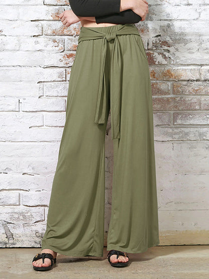 Loose Wide Leg Elasticity Solid Color Tied Waist Pants Trousers