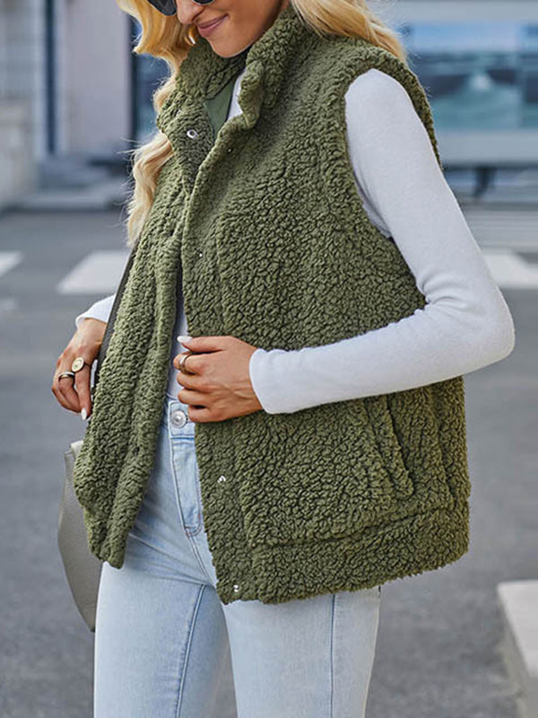 Loose Sleeveless Solid Color Stand Collar Vest Outerwear