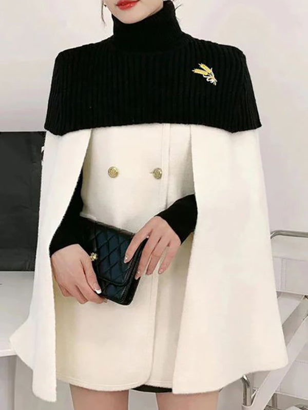 Loose Buttoned Contrast Color Split-Joint High Neck Woolen Coat