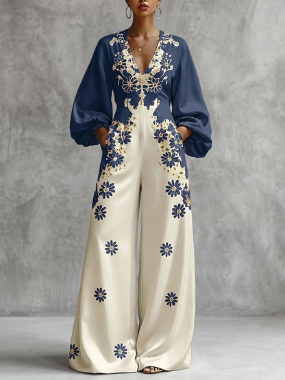 Pockets Flower Print Elasticity Contrast Color Wide Leg Long Sleeves V-neck Jumpsuits
