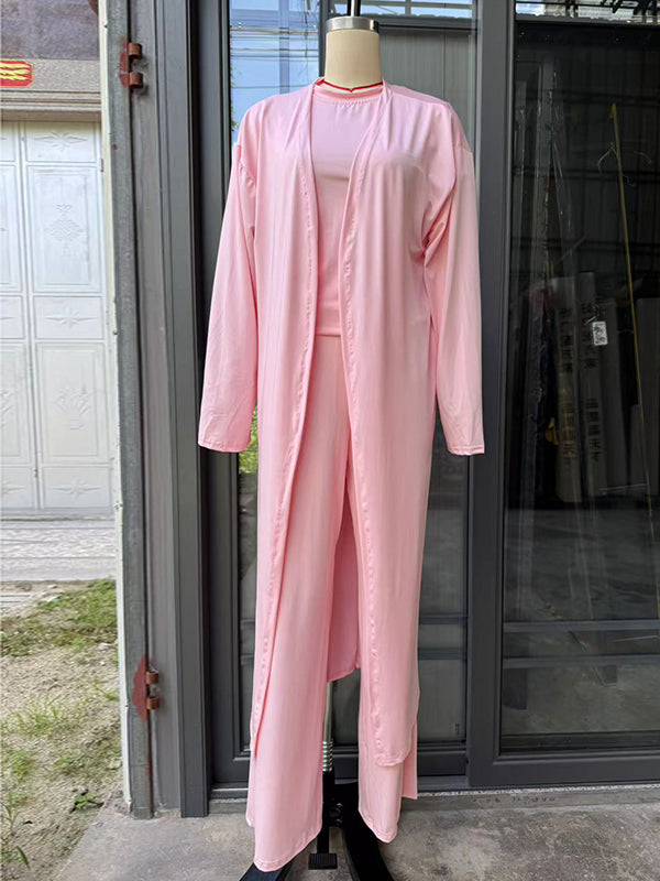 Loose Long Sleeves Cardigan Coat + Round-Neck T-Shirts + Drawstring Elasticity Pants Three Pieces Set