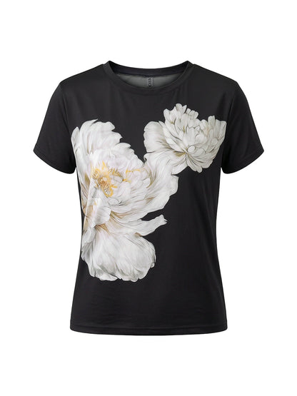 Short Sleeves Contrast Color Flower Print Round-Neck T-Shirts Tops