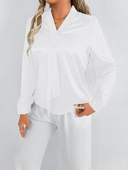 Long Sleeves Loose Solid Color Split-Joint Streamer Scarf Collar Blouses&Shirts Tops