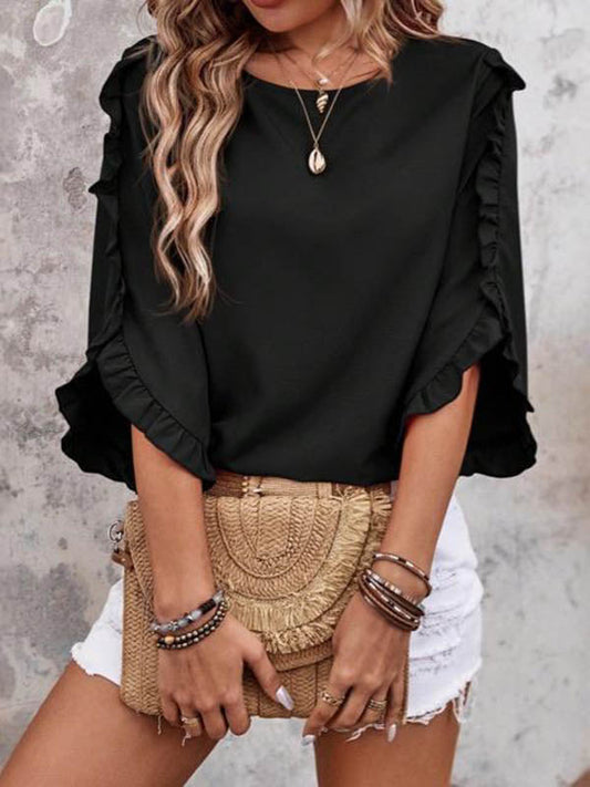 Loose Three-Quarter Sleeves Pleated Ruffled Solid Color Split-Joint Round-Neck Blouses&Shirts Tops