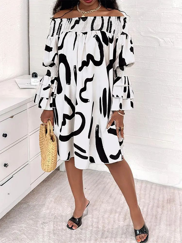 Flared Sleeves Long Sleeves Elasticity Falbala Printed Off-The-Shoulder Midi Dresses