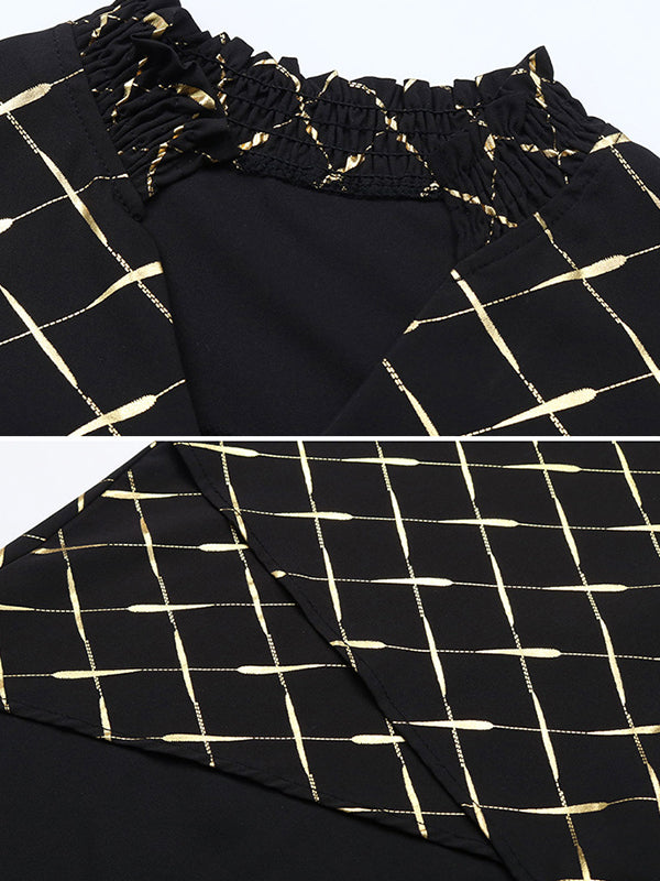 Long Sleeves Loose Bronzing Elasticity Split-Joint V-Neck Blouses&Shirts Tops