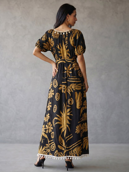 Loose Puff Sleeves Contrast Color Pleated Pockets Printed Split-Joint Tasseled Tied Square-Neck Maxi Dresses