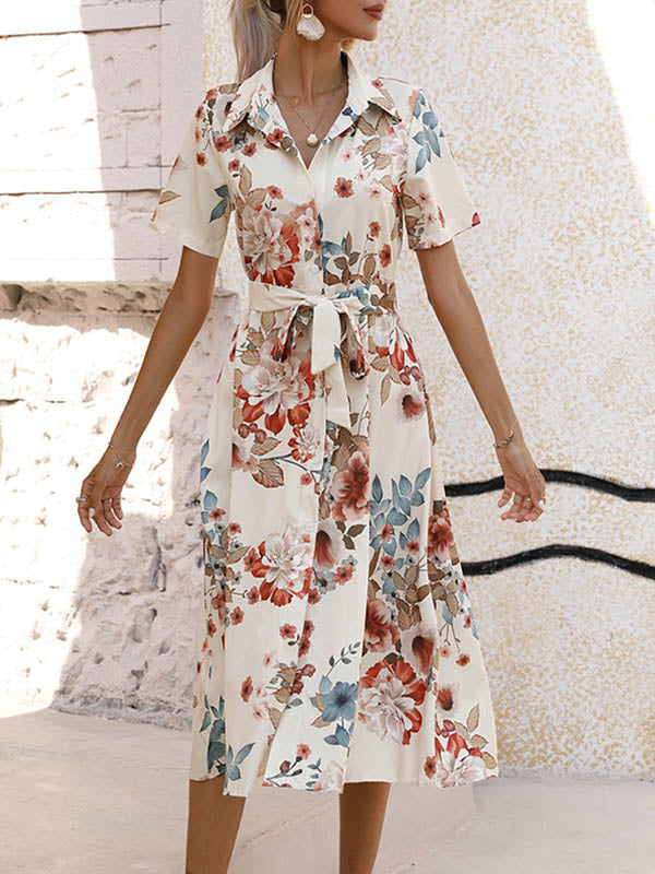 A-Line Loose Buttoned Flower Print Tied Waist Lapel Midi Dresses
