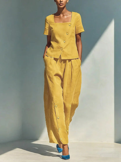 Loose Short Sleeves Buttoned Solid Color Square-Neck Blouses&Shirts Tops