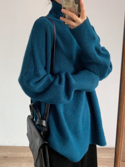 Long Sleeves Loose Solid Color Split-Side High-Neck Knitwear Pullovers Sweater Tops