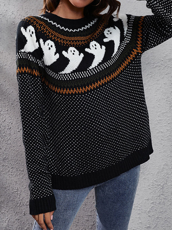 Long Sleeves Loose Contrast Color Printed Round-Neck Knitwear Pullovers Sweater Tops