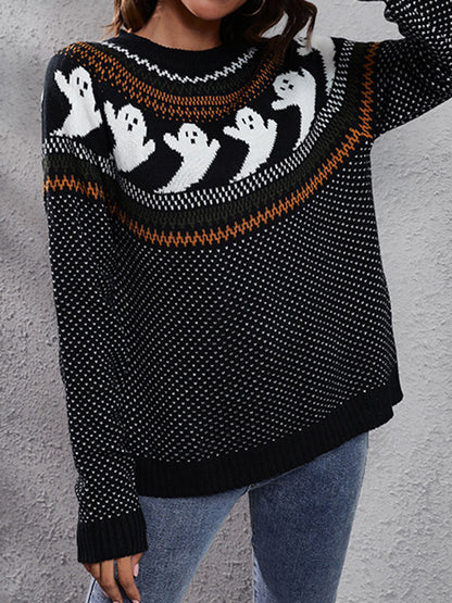 Long Sleeves Loose Contrast Color Printed Round-Neck Knitwear Pullovers Sweater Tops