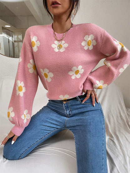 Long Sleeves Loose Contrast Color Floral Printed Split-Joint Round-Neck Sweater Tops